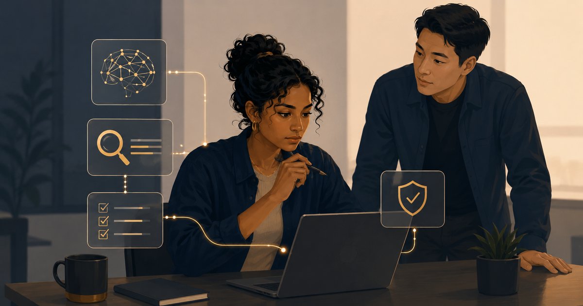 Junior penetration tester reviewing AI-assisted notes, testing evidence and report findings
